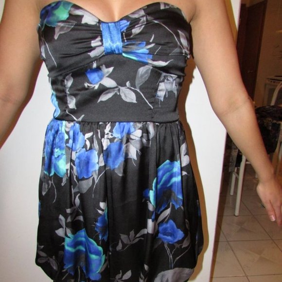 Women's Black and Blue Floral Strapless Dress - Picture 1 of 3